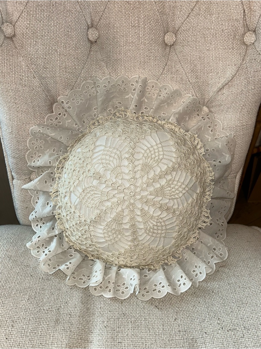 Vintage Ivory Round Crochet Throw Pillow with Eyelet Ruffle